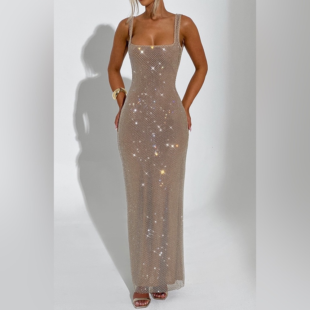Embellished Square-Neck Maxi Dress in Champagne - Picture 4 of 6